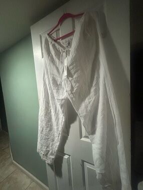 White Gauze Linen-Blend Wide Leg Pants